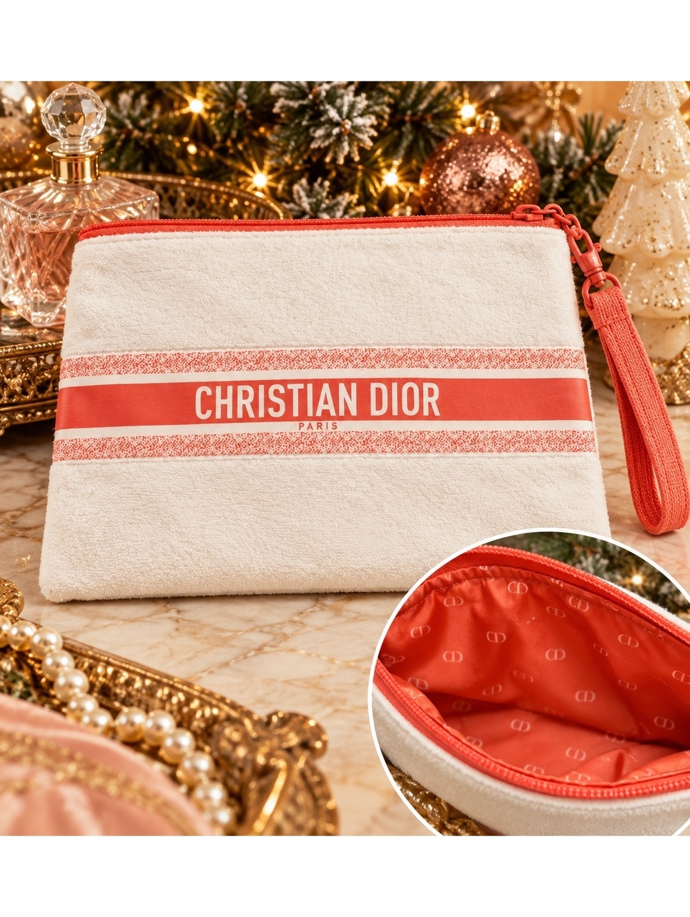 Dior Beauty White and Coral Terry Cloth Makeup Bag Wristlet Pouch GWP 2024